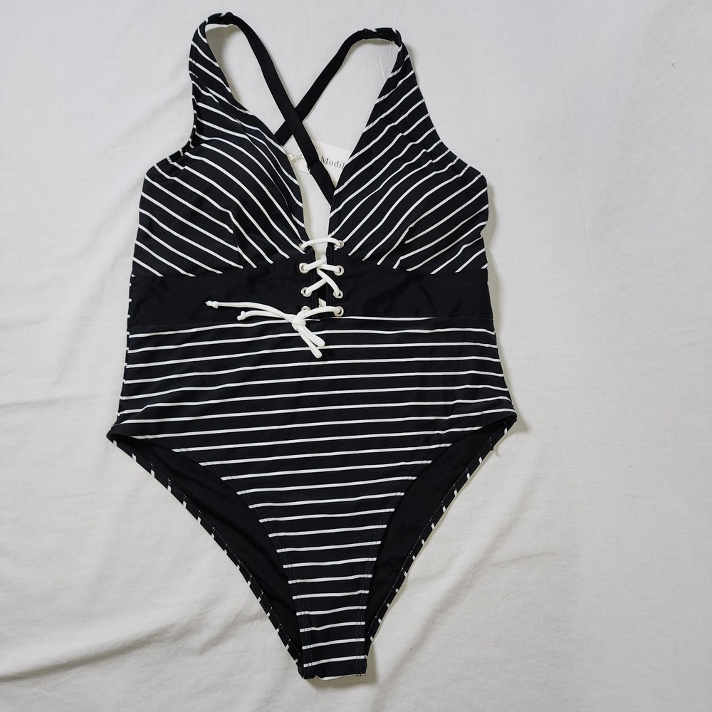 Modihito XXL Striped One Piece Swimsuit V neck Lace UP Halter Neck 2XL